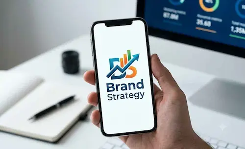 Hand holding a smartphone showing a Brand Strategy logo with growth charts, representing digital marketing services in Trivandrum.