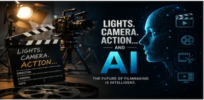 Digital marketing and AI integration in movie filmmaking graphic.