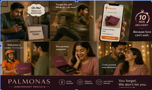 Palmonas and Swiggy Instamart fast delivery promotional ad showing a gift box being delivered