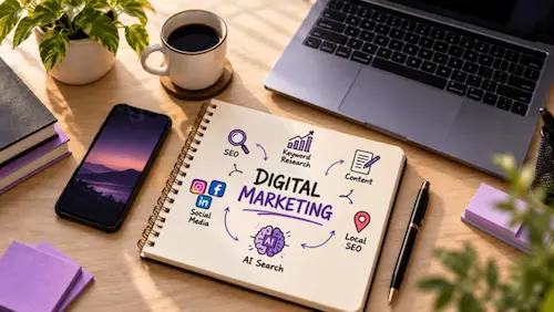 Desk setup with a laptop, phone, notebook, and coffee, representing a digital marketing career in Trivandrum.