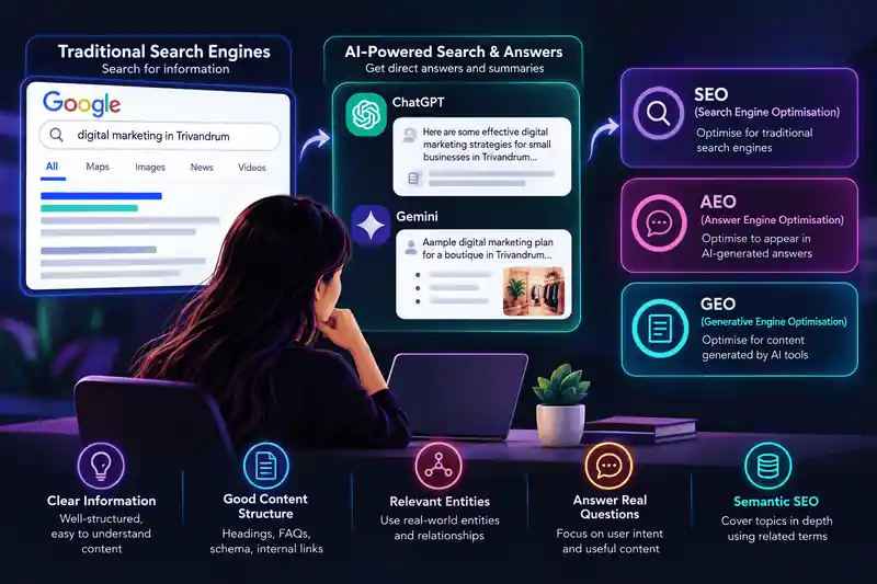 Comparison diagram between traditional search engines and AI-powered generative search engines for GEO and SEO.