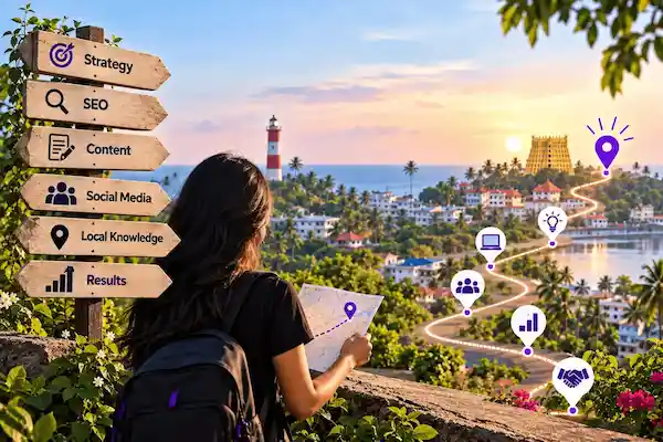 A person looking over a scenic view of Trivandrum with digital marketing icons and location route overlays, representing how to choose a digital marketer in Trivandrum.